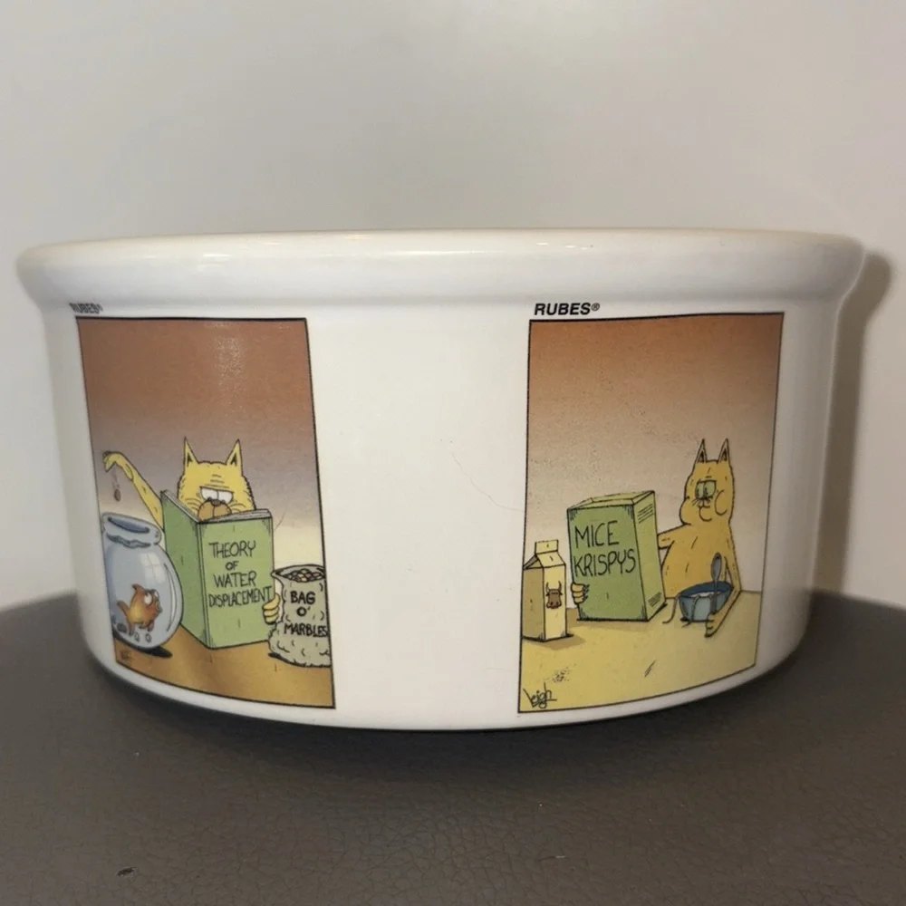 Rubes Leigh Rubin Cat Bowl with Mischievous Cat Cartoon Scenes 2002, 2.75” Deep